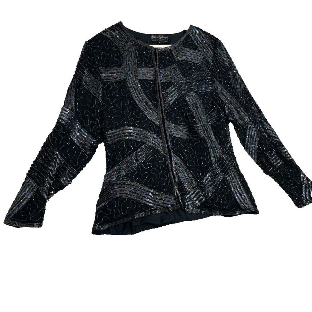 Royal Feelings Vintage Silk Sequin Beaded Evening Blazer Cardigan Size Small